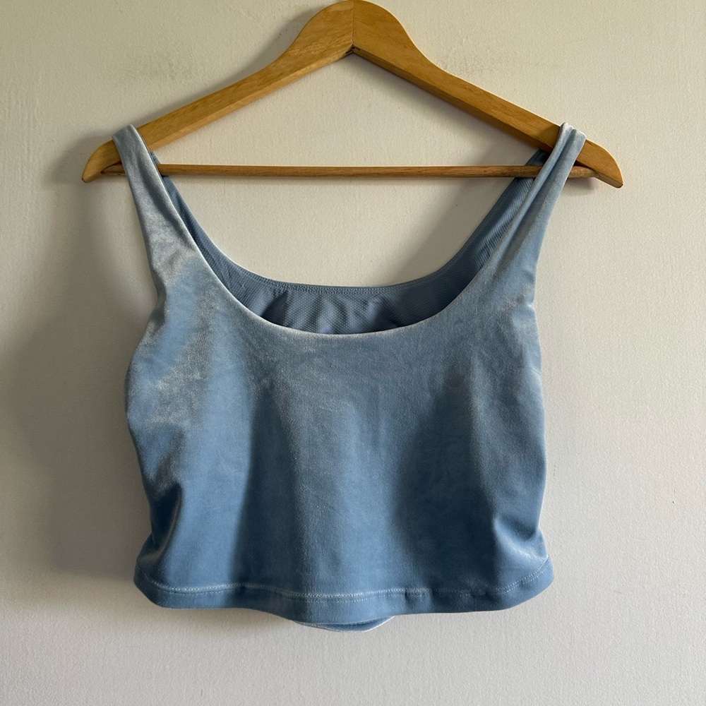 Athleta Light Blue Plush Velvet Cut Out Crop Scoop Shelf Bra Tank size Medium - Picture 3 of 7